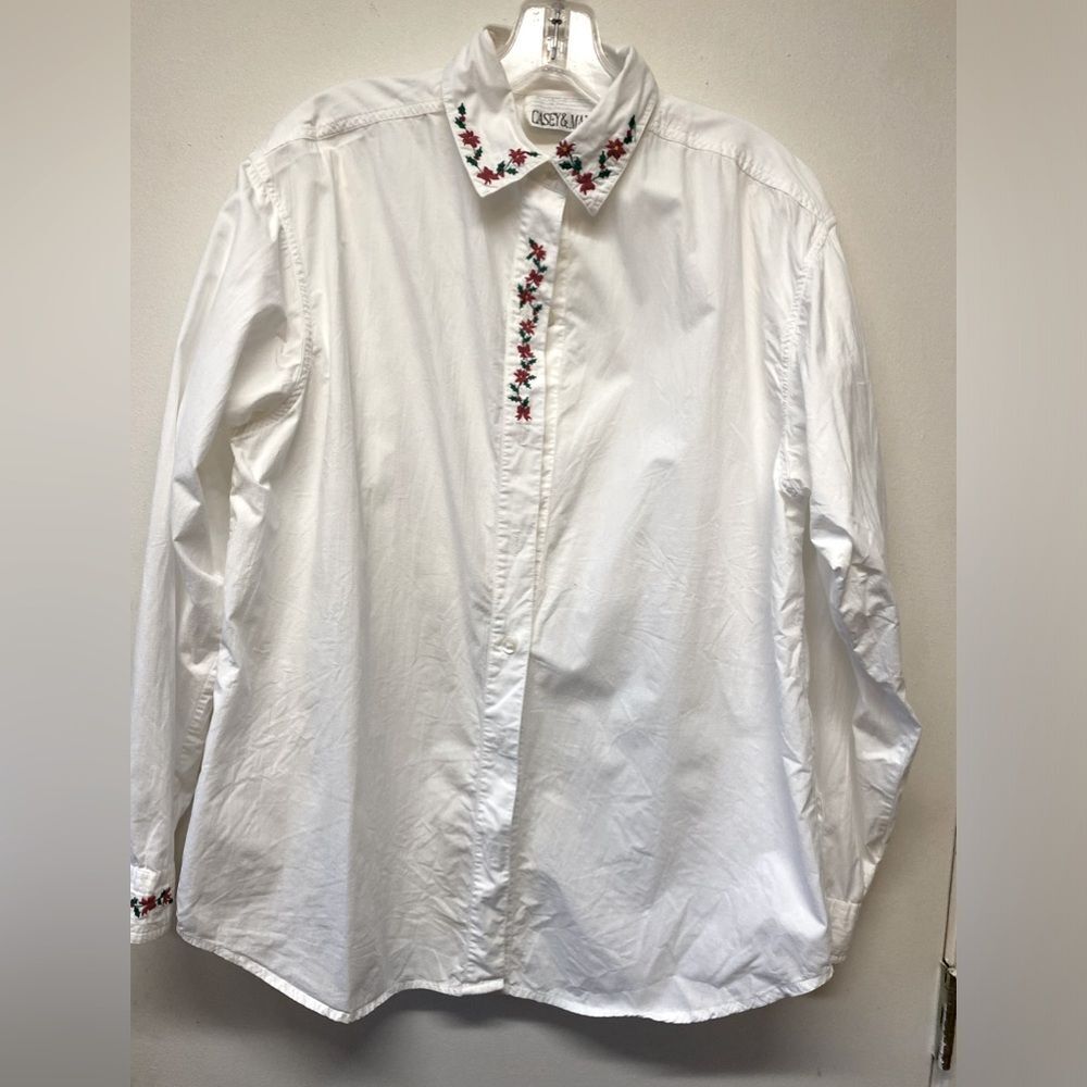 Casey and Max Christmas Button Front Top with Embroidered Poinsettias Size M